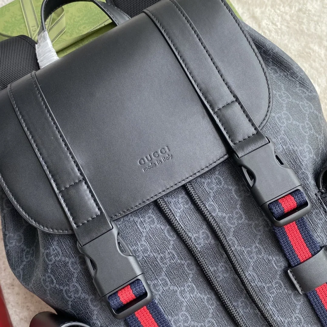 Gucci Black Backpack Black/Grey Soft GG Supreme Blue And Red Web / Gucci Black Backpack Black/Grey Soft GG Supreme Blue And Red Web /