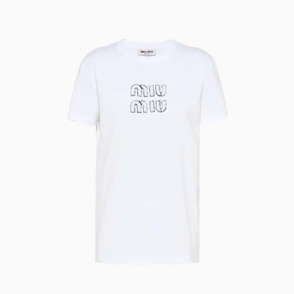 Miu Miu Embroidered Cotton T-shirt with Embroidered Logo for Women in White Miu Miu Embroidered Cotton T-shirt with Embroidered Logo for Women in White
