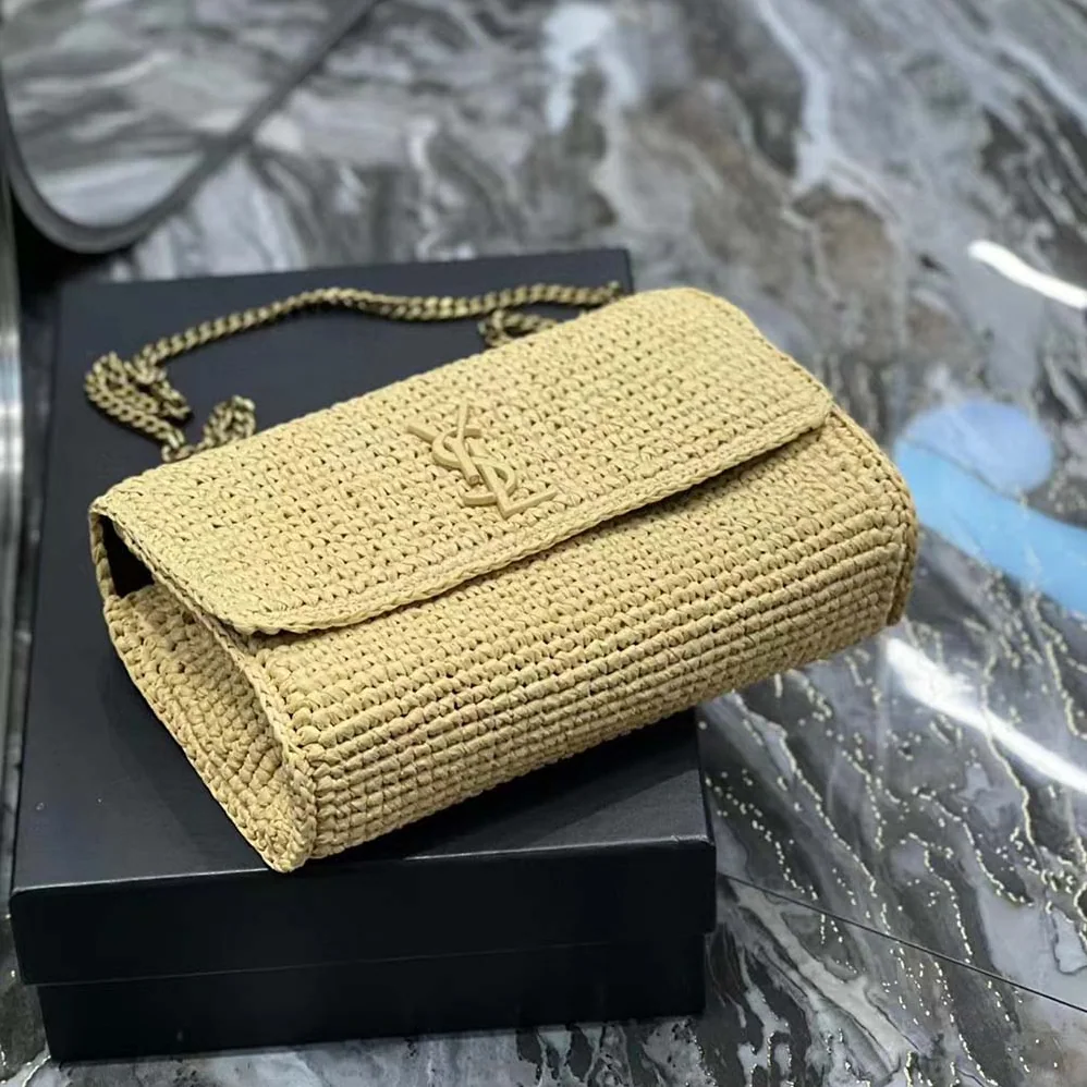 Saint Laurent YSL Kate Medium Supple Chain Bag in Raffia for Women in Natural Saint Laurent YSL Kate Medium Supple Chain Bag in Raffia for Women in Natural