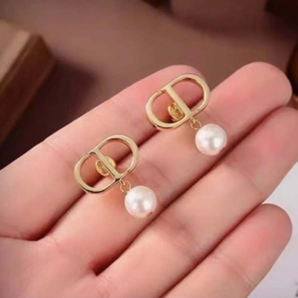 Dior Petit CD Earrings Gold-Finish Metal and White Resin Pearls for Women Dior Petit CD Earrings Gold-Finish Metal and White Resin Pearls for Women