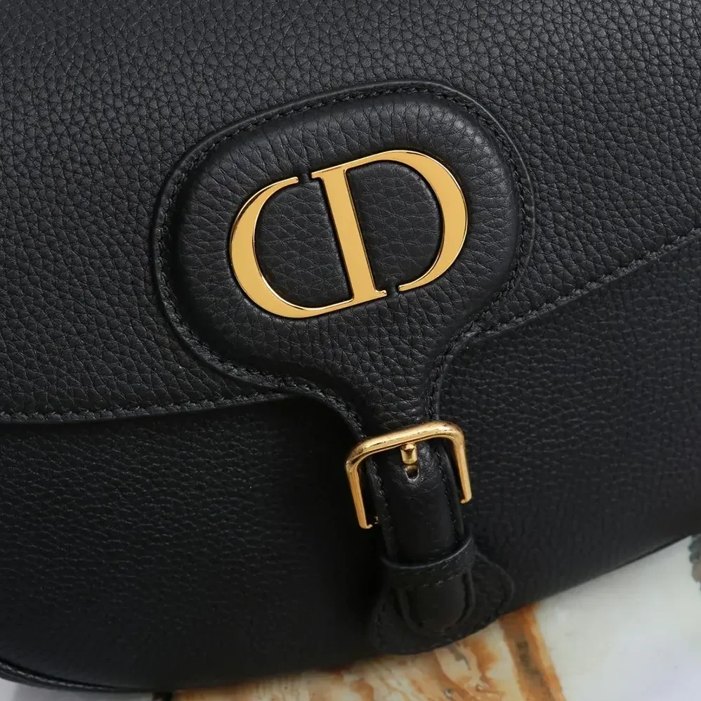 Dior Large Dior Bobby Bag Black Grained Calfskin with Embroidered Shoulder Strap for Women