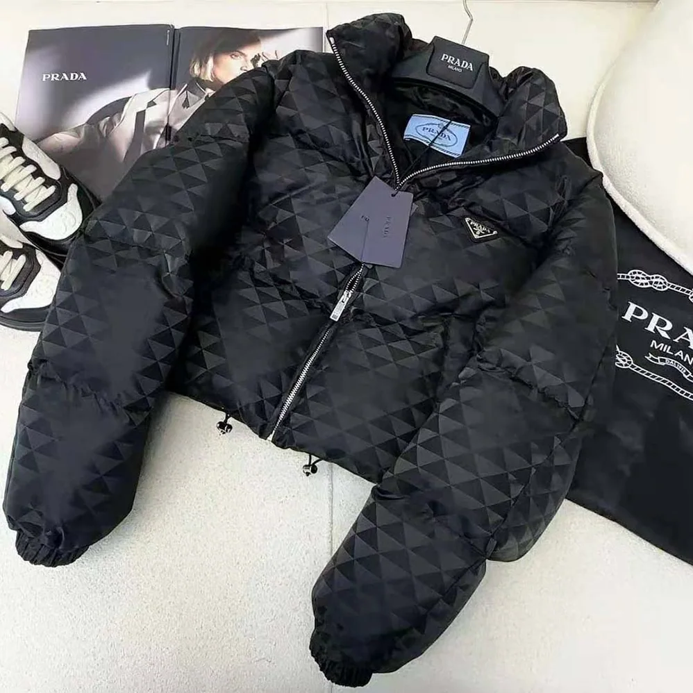Prada Re-Nylon Cropped Hooded Down Jacket for Women in Black Prada Re-Nylon Cropped Hooded Down Jacket for Women in Black
