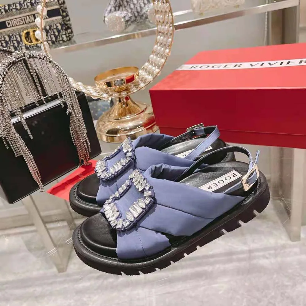 Roger Vivier Viv Winter Puffy Strass Buckle Sandals in Satin for Women in Navy Roger Vivier Viv Winter Puffy Strass Buckle Sandals in Satin for Women in Navy