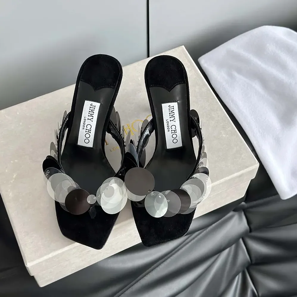 Jimmy Choo Freja 70 Black Suede Paillette Sandals for Women