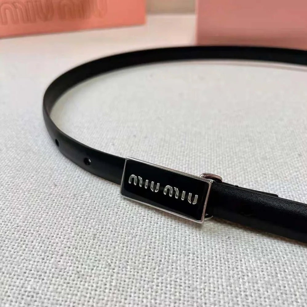 Miu Miu Brushed Leather Belt with Enameled Metal Buckle for Women in Black Miu Miu Brushed Leather Belt with Enameled Metal Buckle for Women in Black