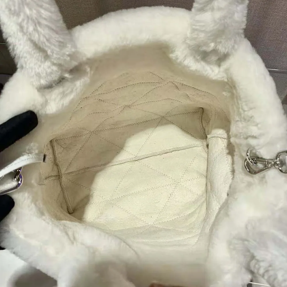 Prada Iconic Triangle Logo Soft Shearling Tote for Women in White Prada Iconic Triangle Logo Soft Shearling Tote for Women in White