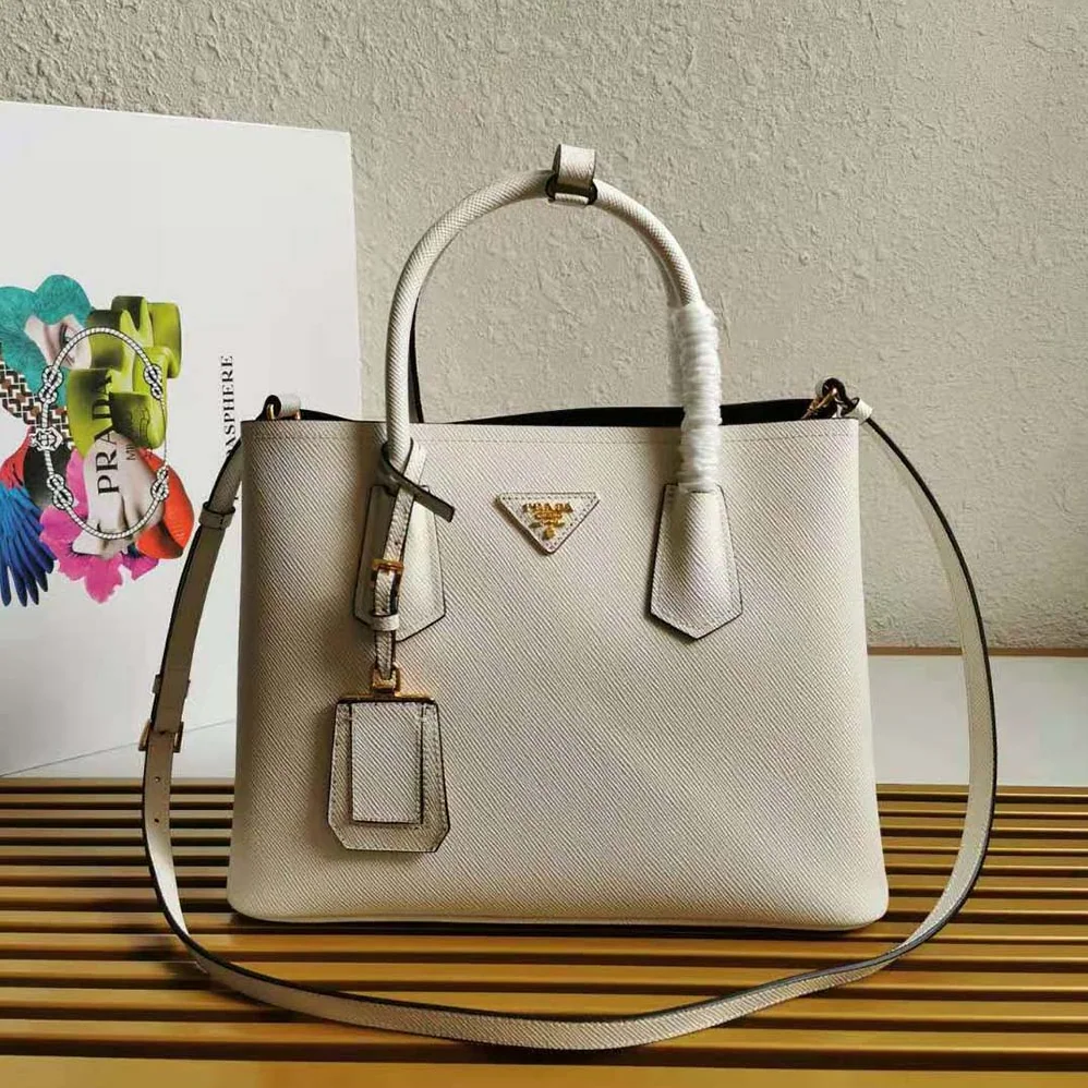 Prada Small Saffiano Leather Double Prada Bag for Women in White