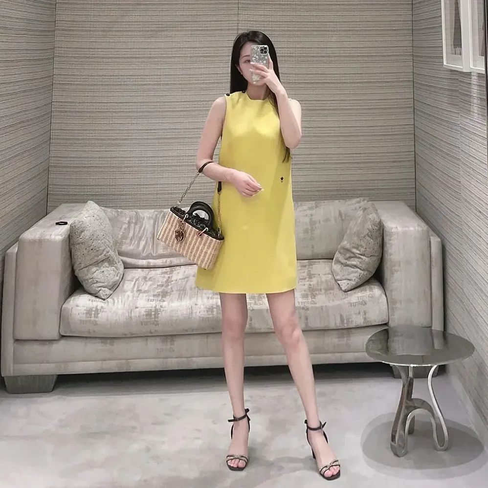 Dior Dioriviera Straight Dress Lemon Yellow Wool and Silk for Women Dior Dioriviera Straight Dress Lemon Yellow Wool and Silk for Women