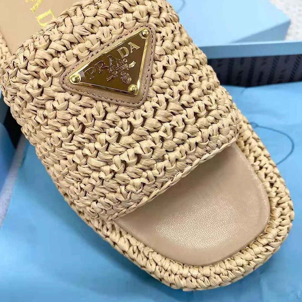 Prada Crochet Flatform Slides with Enameled Metal Triangle Logo for Women in Beige Prada Crochet Flatform Slides with Enameled Metal Triangle Logo for Women in Beige