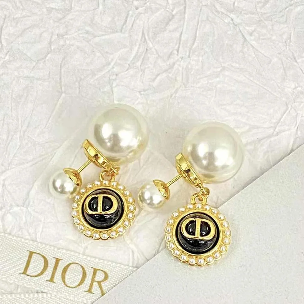 Dior Tribales Earrings Gold-Finish Metal with White Resin Pearls and Black Glass for Women Dior Tribales Earrings Gold-Finish Metal with White Resin Pearls and Black Glass for Women