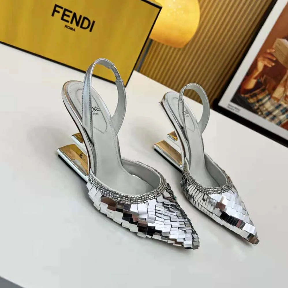 Fendi First Silver Sequin High for Women in Heeled Slingback