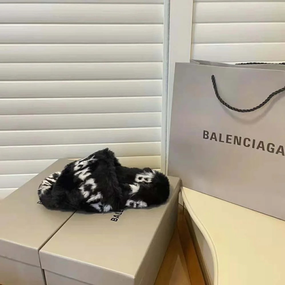 Balenciaga Furry Slide Sandal Allover Logo in Black and White Fake Fur for Women Balenciaga Furry Slide Sandal Allover Logo in Black and White Fake Fur for Women