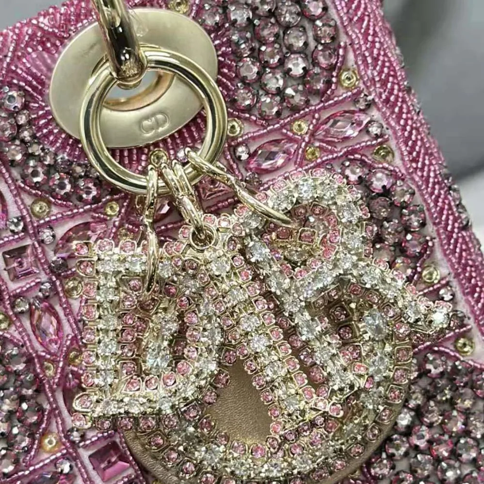 Dior Small Lady Dior Bag Metallic Calfskin and Satin with Rose Des Vents Resin Pearl Embroidery for Women Dior Small Lady Dior Bag Metallic Calfskin and Satin with Rose Des Vents Resin Pearl Embroidery for Women