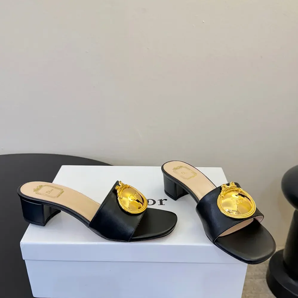 Dior Médaillon Buckle Heeled Slide Black Lambskin for Women Dior Médaillon Buckle Heeled Slide Black Lambskin for Women