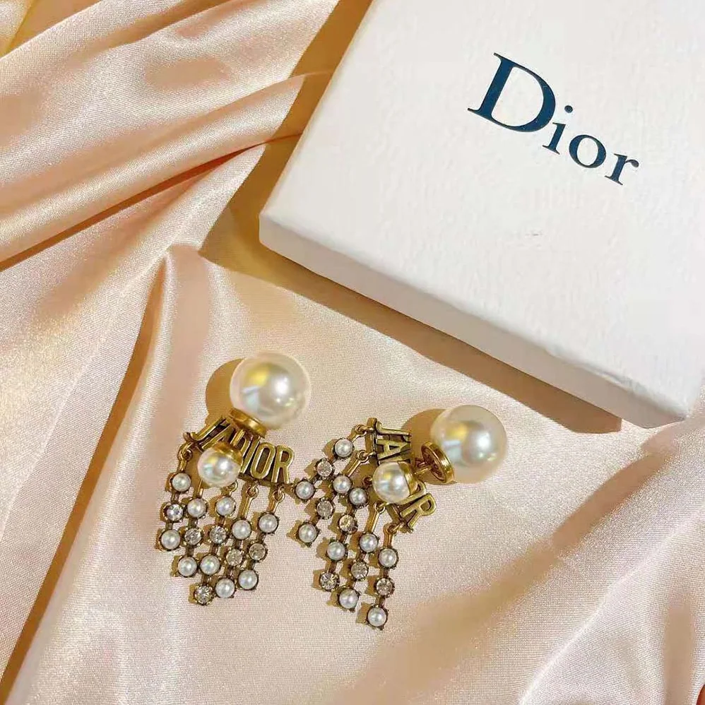 Dior Tribales Earrings Antique Gold-Finish Metal with White Resin Pearls for Women Dior Tribales Earrings Antique Gold-Finish Metal with White Resin Pearls for Women