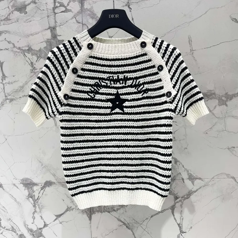 Dior Marinière Short-Sleeved Sweater White and Navy Blue Cotton and Silk Knit for Women Dior Marinière Short-Sleeved Sweater White and Navy Blue Cotton and Silk Knit for Women