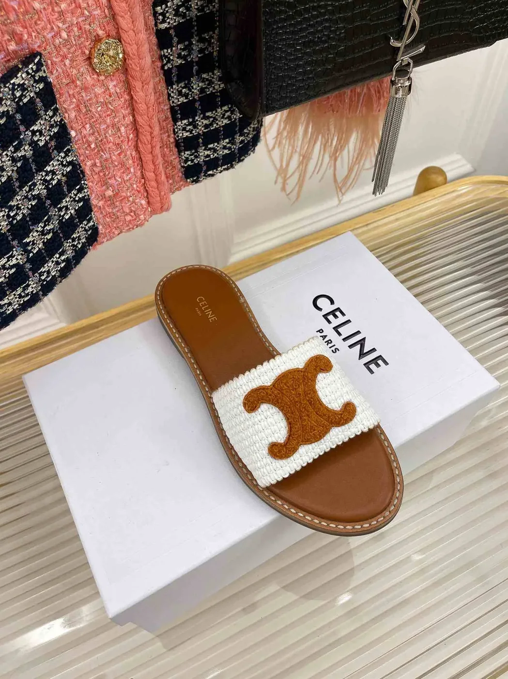 Celine Lympia Flat In Raffia White Celine Lympia Flat In Raffia White