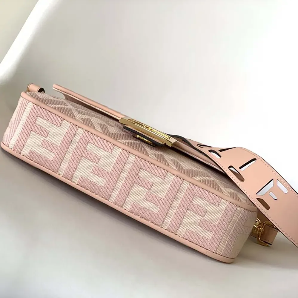 Fendi Baguette Light Pink Denim Bag with FF Embroidery for Women
