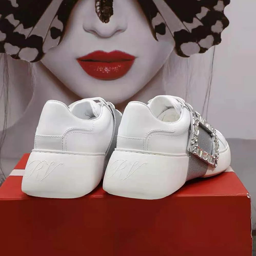Roger Vivier Viv' Skate Glitter Strass Buckle Sneakers in Soft Leather for Women in Silver Roger Vivier Viv' Skate Glitter Strass Buckle Sneakers in Soft Leather for Women in Silver