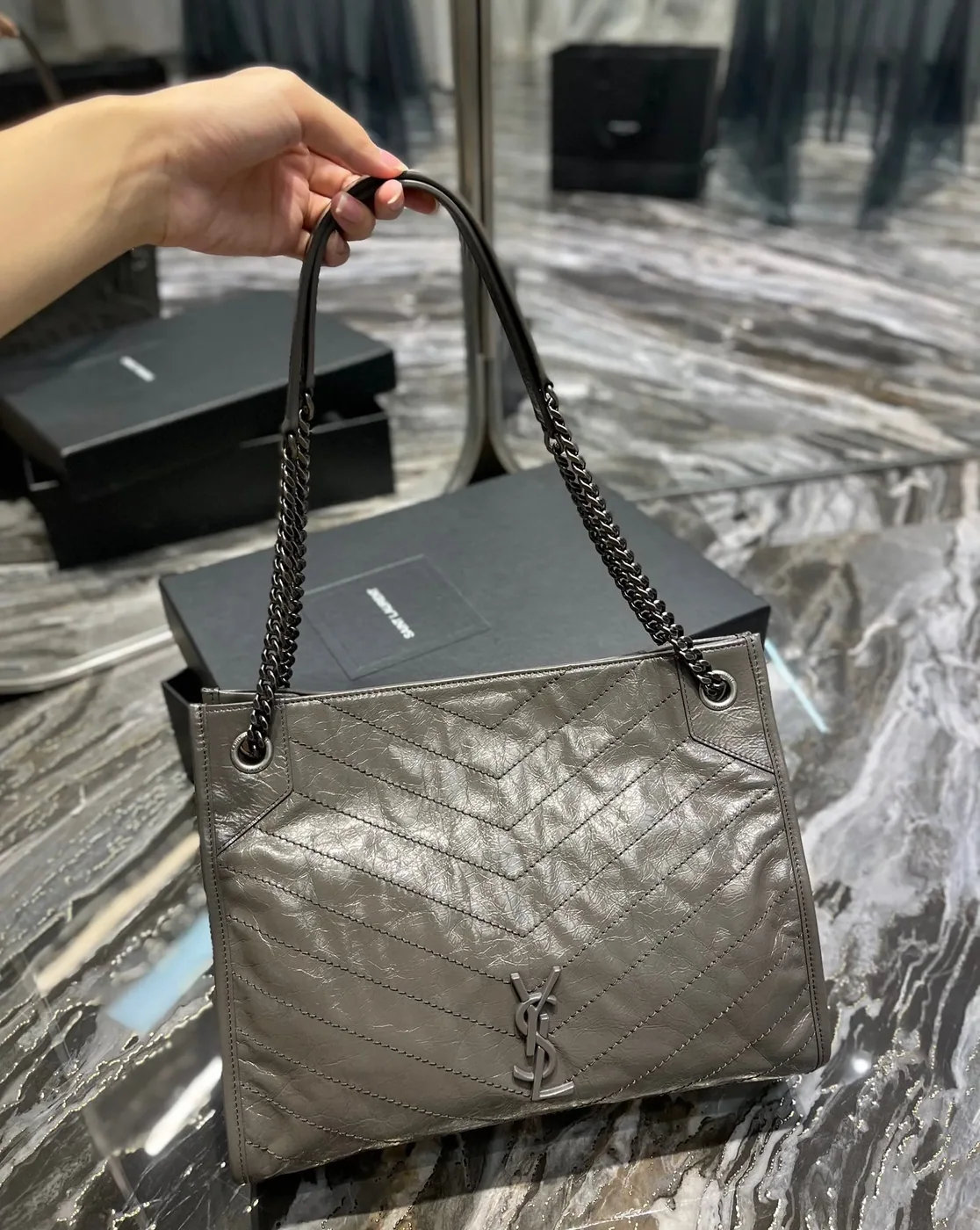 Saint Laurent Niki Shopping Medium Tote Bag in Green Khaki Silver Hardware