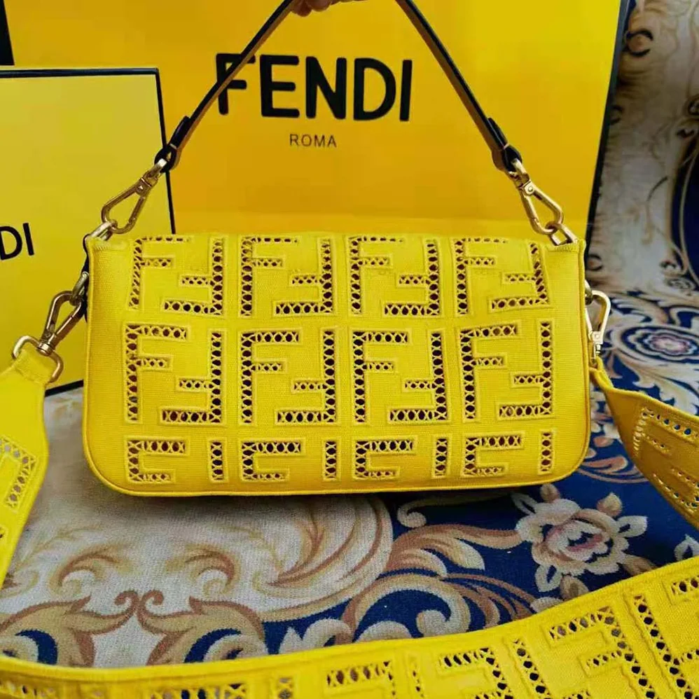 Fendi Baguette Canvas Bag with Embroidery for Women in Yellow Fendi Baguette Canvas Bag with Embroidery for Women in Yellow