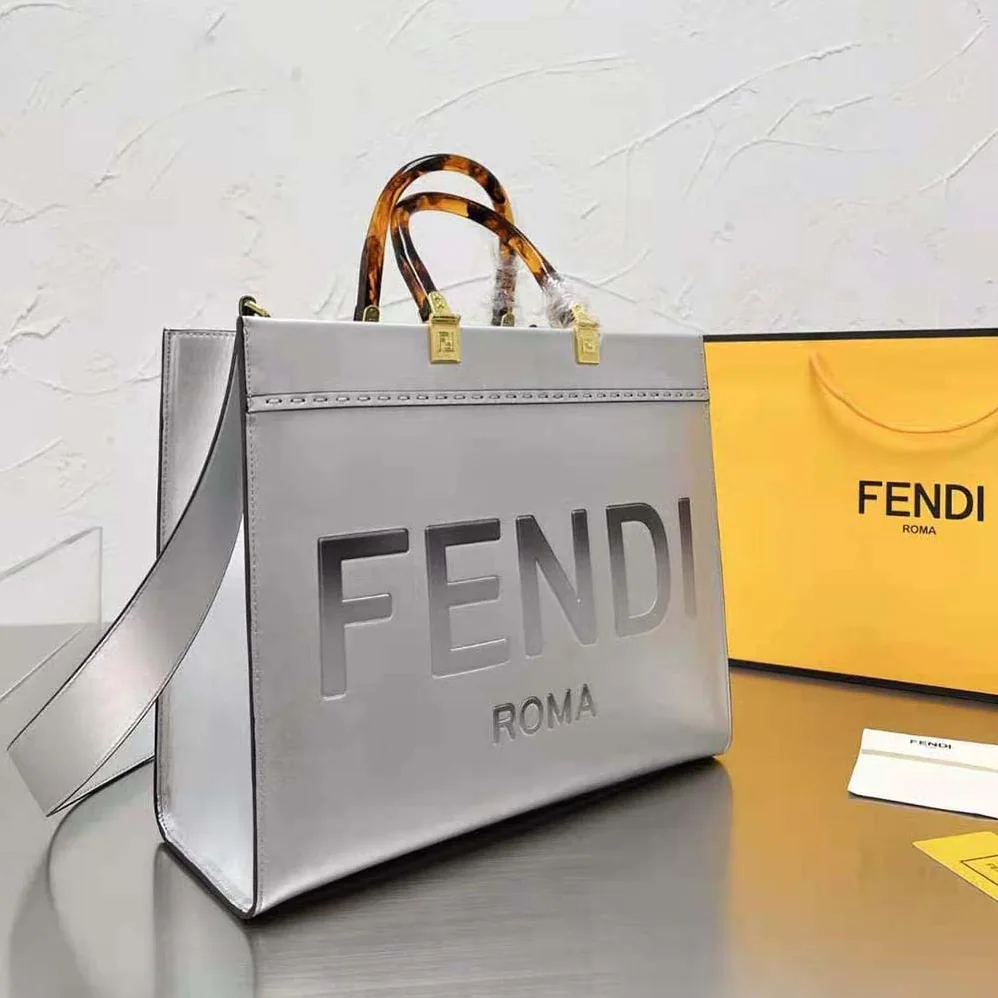 Fendi Fendi Sunshine Medium Silver Laminated Leather Shopper for Women