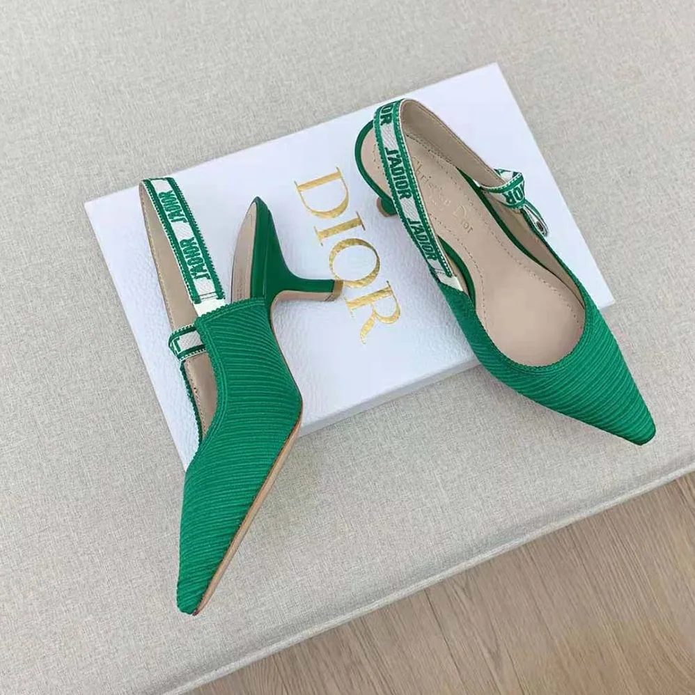 Dior J Adior Slingback Pump Green Cotton Embroidery for Women
