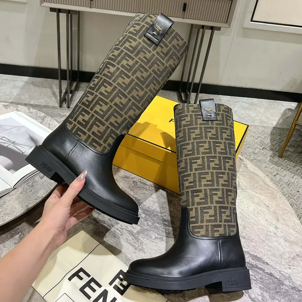 Fendi Filo Black Leather and Brown FF Fabric Boots for Women Fendi Filo Black Leather and Brown FF Fabric Boots for Women