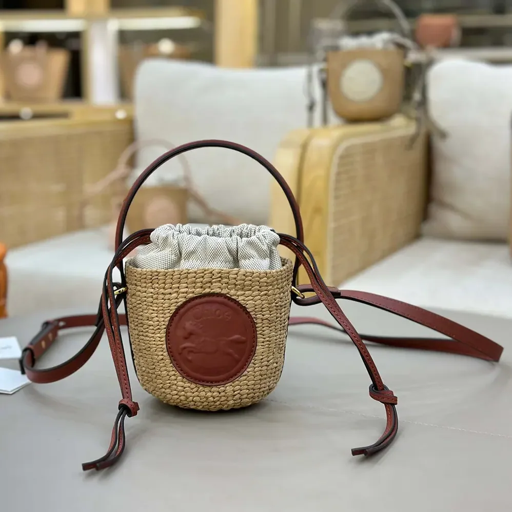 Chloe Mini Horse Medal Basket Bag in Natural Fibers for Women in Brown Chloe Mini Horse Medal Basket Bag in Natural Fibers for Women in Brown