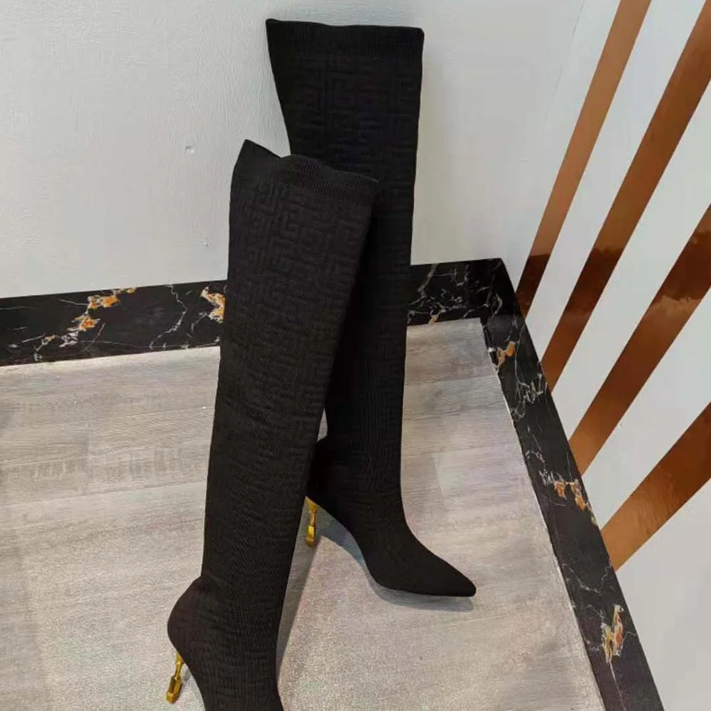 Balmain Moneta Mesh Thigh Boots with Monogram for Women in Black Balmain Moneta Mesh Thigh Boots with Monogram for Women in Black
