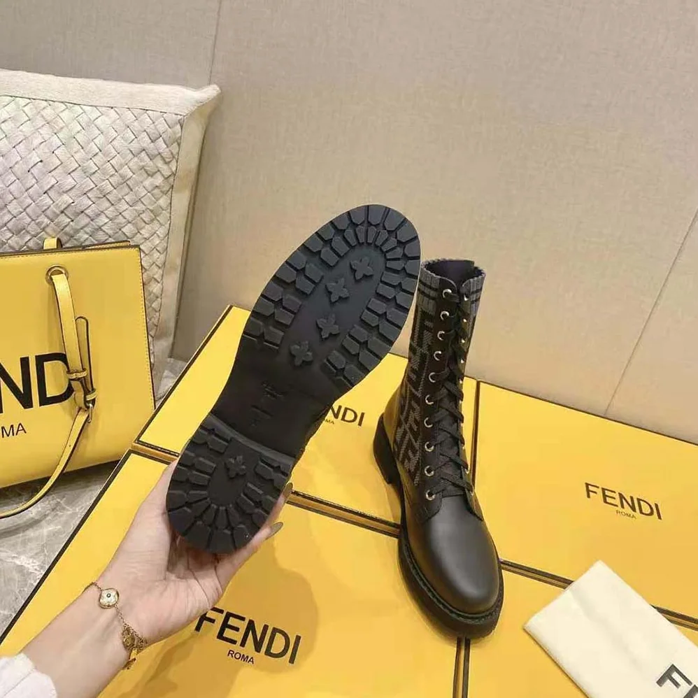 Fendi Rockoko Black Leather Biker Boots with Stretch Fabric for Women