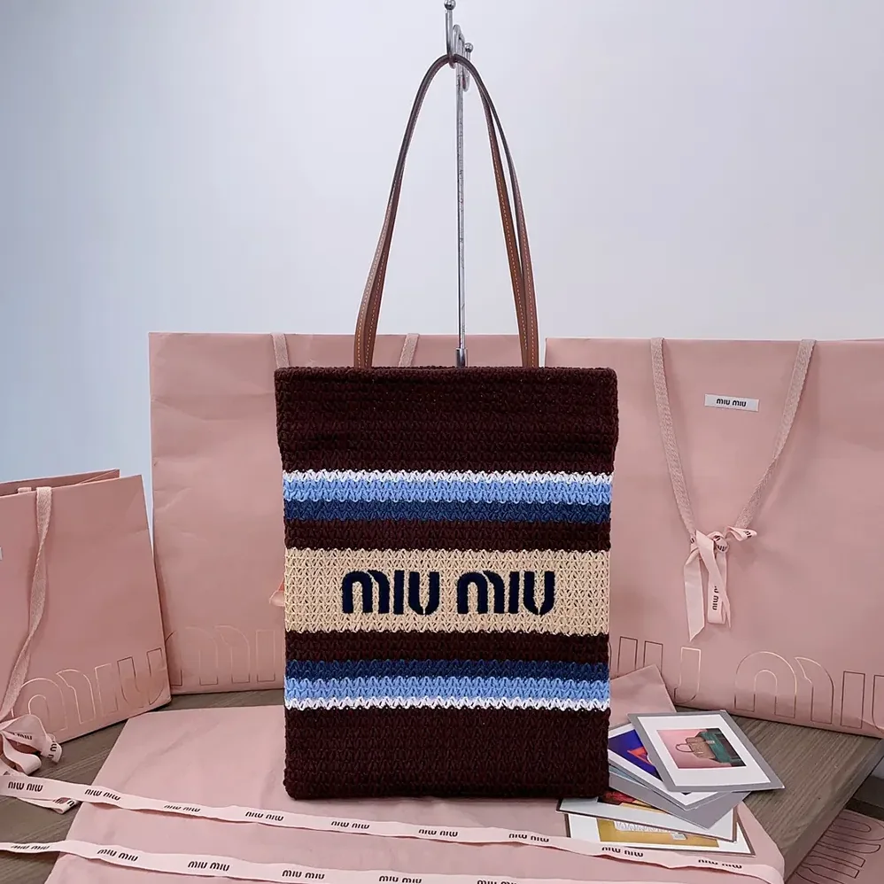 Miu Miu Raffia-Effect Woven Tote Bag for Women in Cocoa Brown/Celeste/Natural
