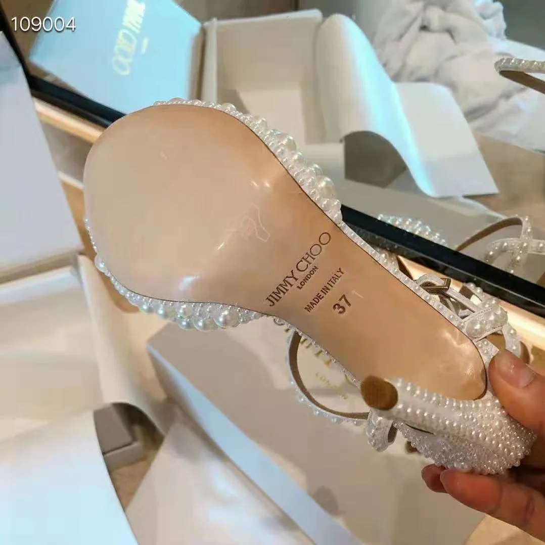Jimmy Choo SACORA 100 White Satin Sandals with All Over Pearls for Women Jimmy Choo SACORA 100 White Satin Sandals with All Over Pearls for Women