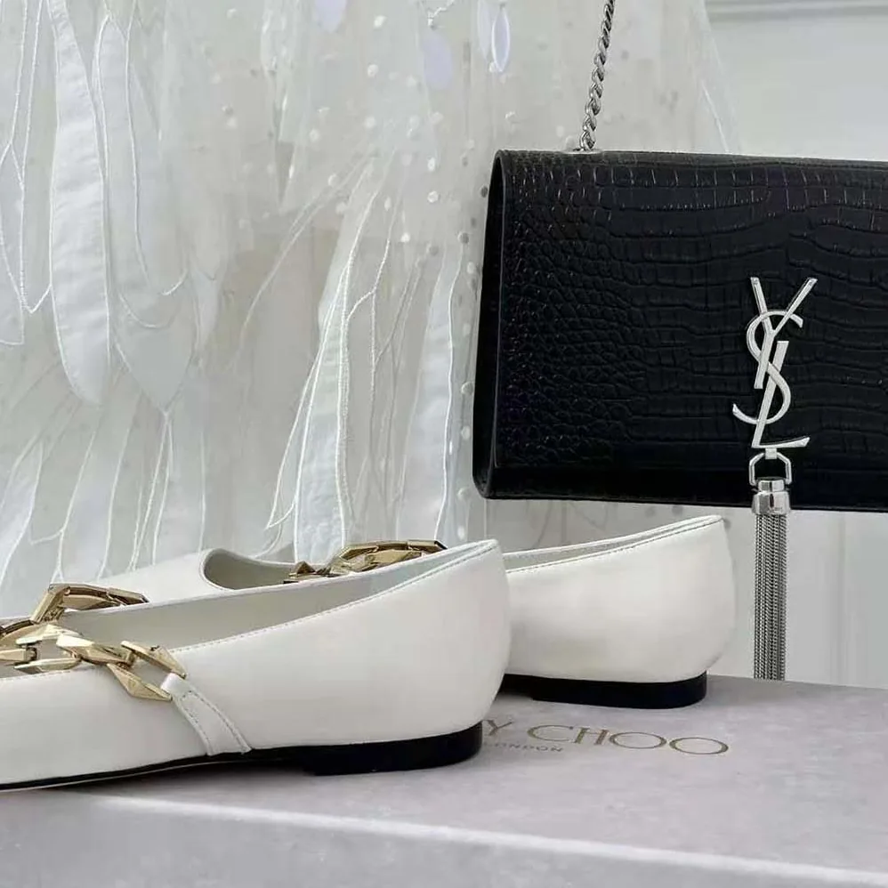 Jimmy Choo Diamond Tilda Flat Black Nappa Leather Flats with Chain for Women in White