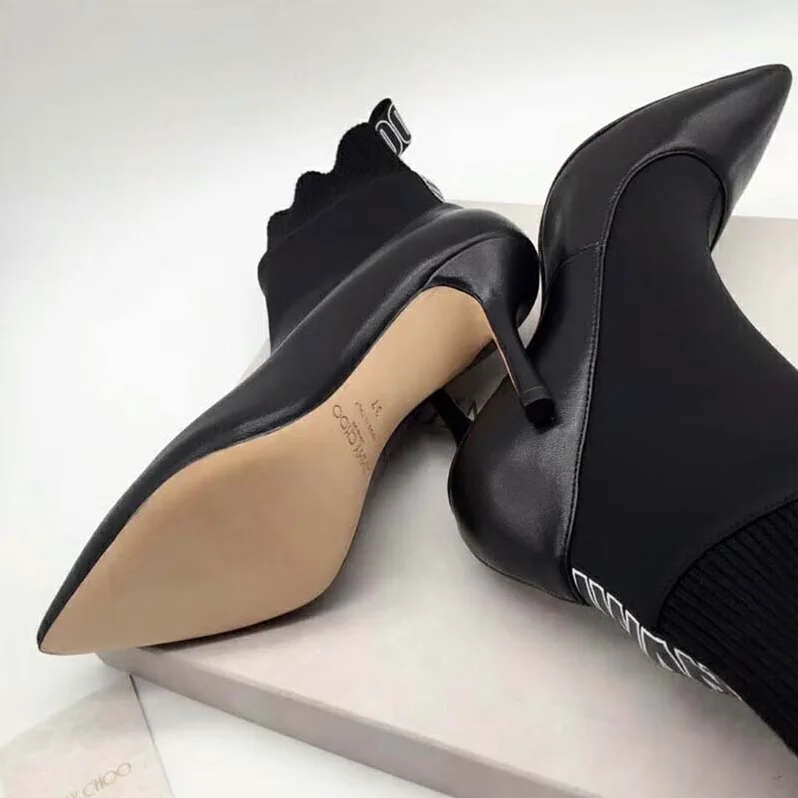 Jimmy Choo Shoes Brandon 85 Black Nappa Leather and Stretch Fabric Sock Ankle Boots for Women Jimmy Choo Shoes Brandon 85 Black Nappa Leather and Stretch Fabric Sock Ankle Boots for Women
