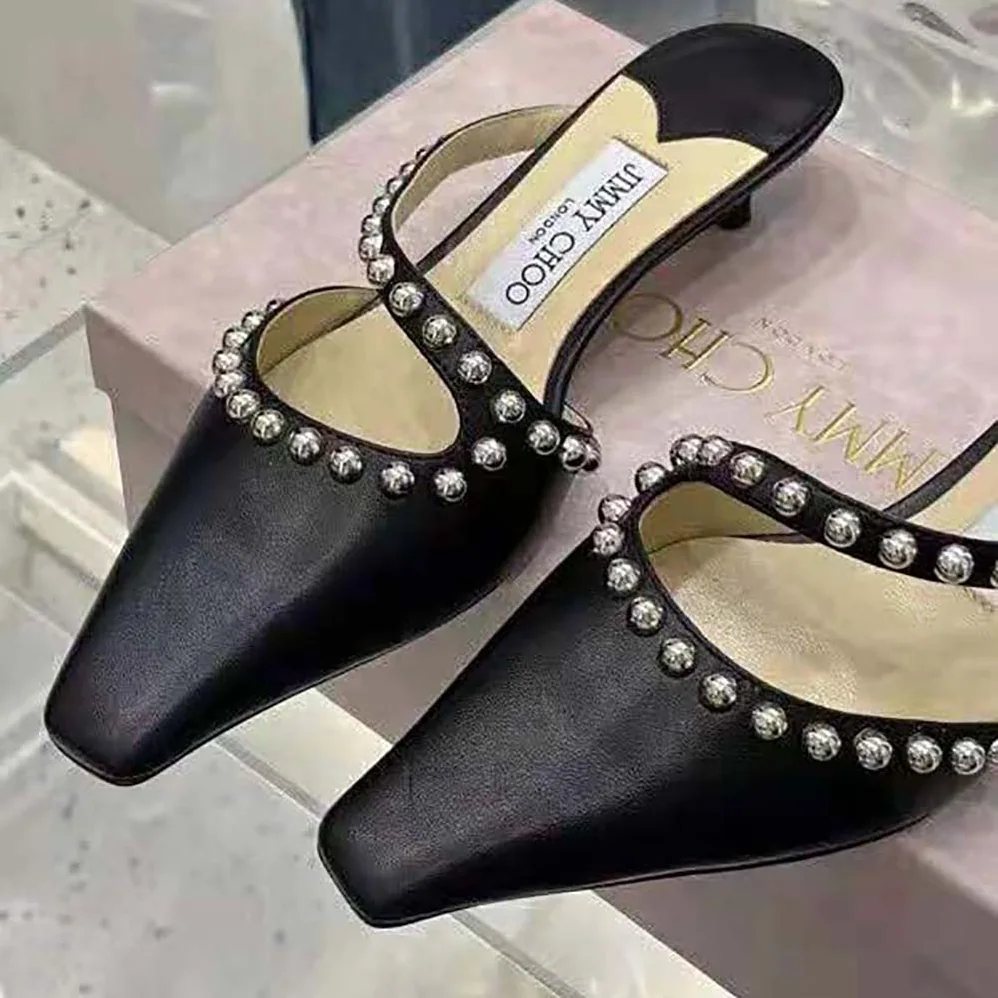 Jimmy Choo ROS 35 Black Nappa Leather Mules with Silver Dome Studs for Women Jimmy Choo ROS 35 Black Nappa Leather Mules with Silver Dome Studs for Women