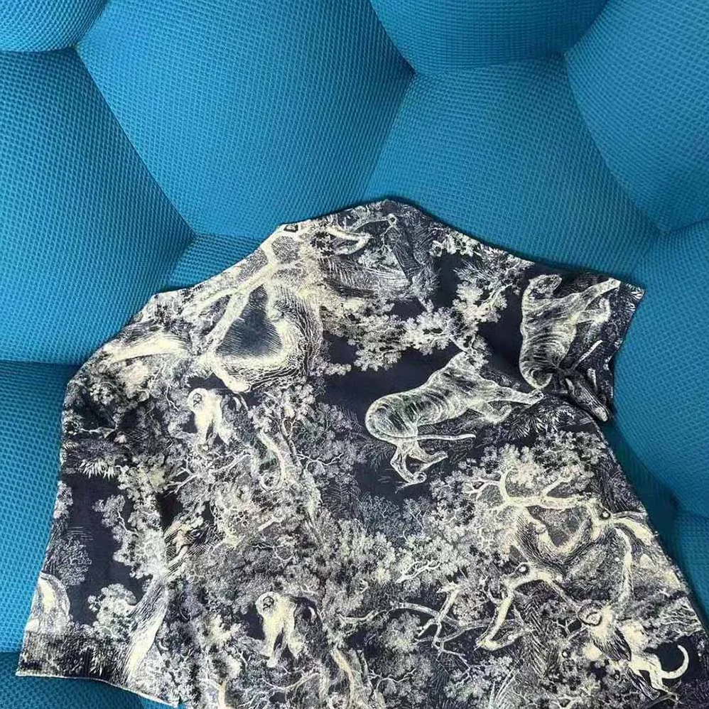 Dior T-shirt Navy Blue Toile de Jouy Cotton and Linen Jersey for Women