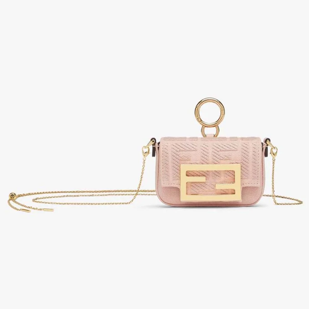 Fendi Nano Baguette Charm Pink Canvas Charm with FF Embroidery for Women Fendi Nano Baguette Charm Pink Canvas Charm with FF Embroidery for Women