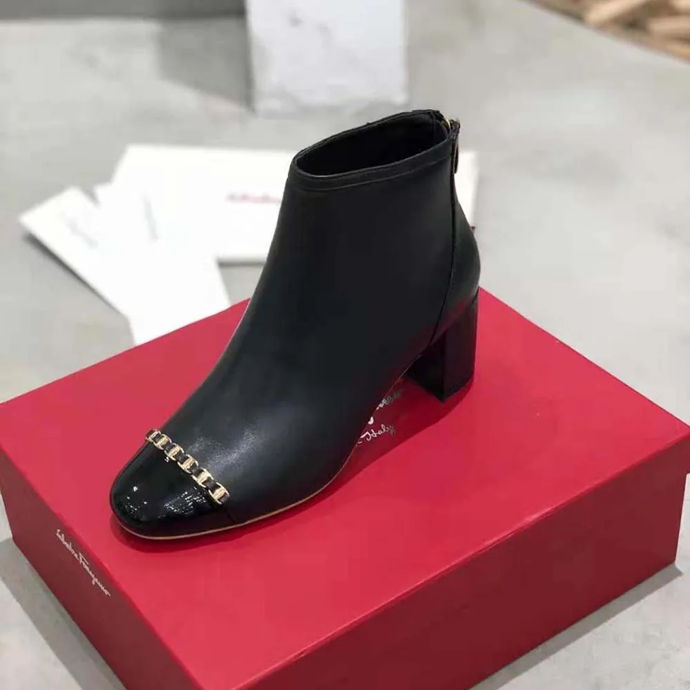 Salvatore Ferragamo Vara Chain Bootie in 70mm Heel for Women in Black