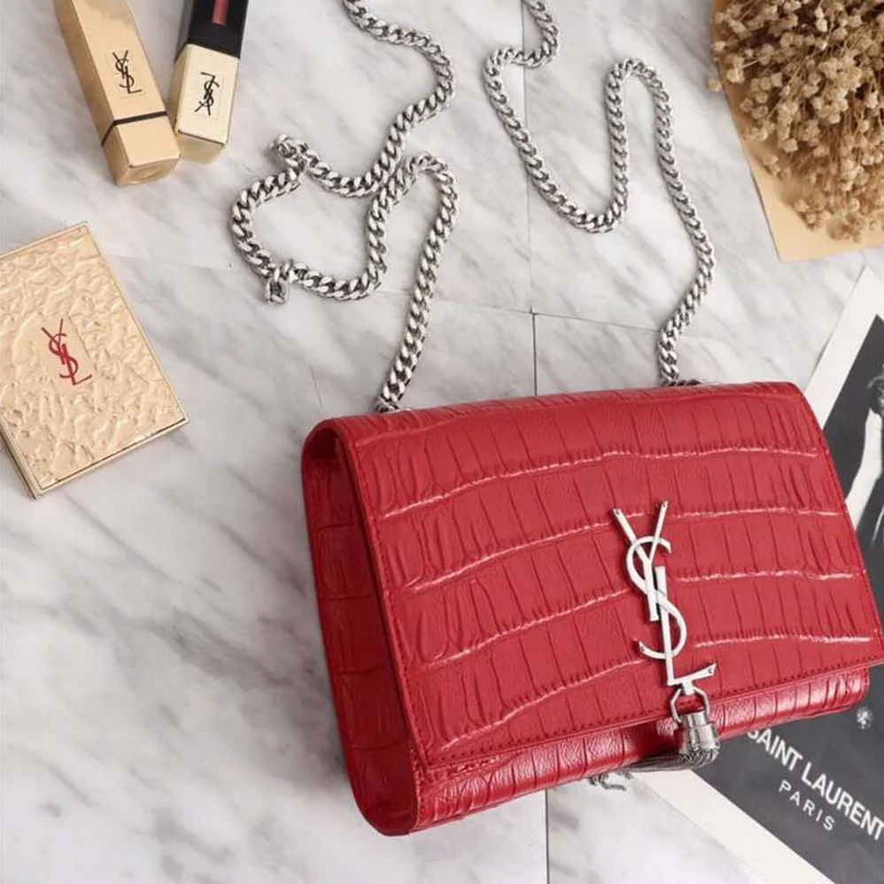 Saint Laurent YSL Kate Small Tassel Embossed Crocodile Shiny Calfskin for Women in Red Saint Laurent YSL Kate Small Tassel Embossed Crocodile Shiny Calfskin for Women in Red