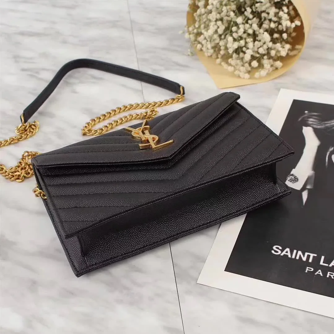 Saint Laurent YSL Medium Monogram Envelope Chain Wallet Gold Hardware in Black Saint Laurent YSL Medium Monogram Envelope Chain Wallet Gold Hardware in Black