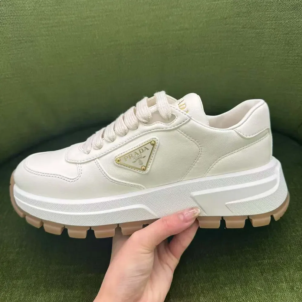 Prada Triangle Logo Leather Sneakers for Unisex in White