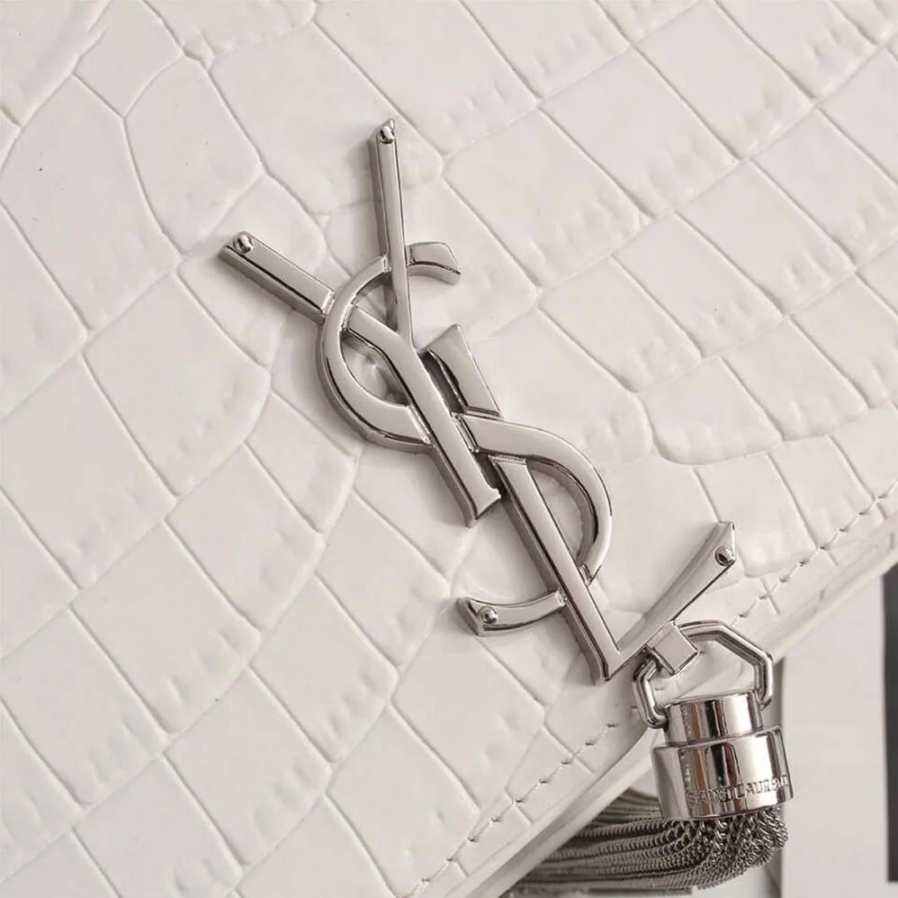 Saint Laurent YSL Kate Small Tassel Embossed Crocodile Shiny Calfskin for Women in White Saint Laurent YSL Kate Small Tassel Embossed Crocodile Shiny Calfskin for Women in White