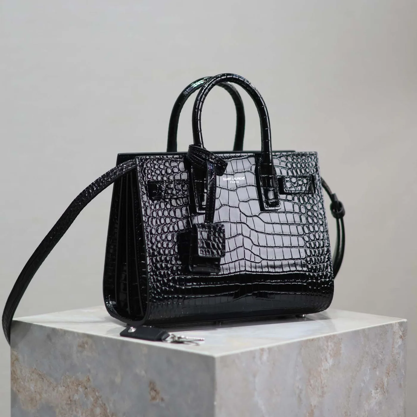 Saint Laurent YSL Sac De Jour in Crocodile Embossed Leather Nano for Women in Black