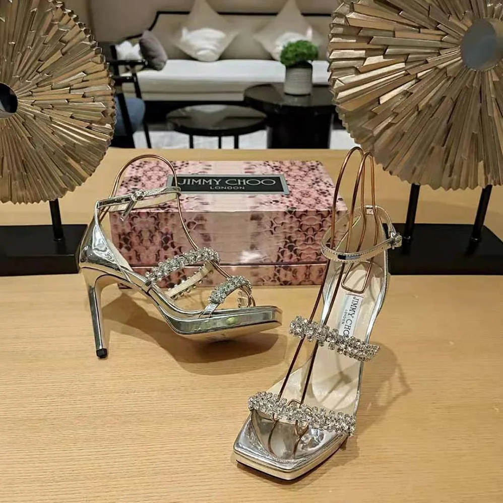 Jimmy Choo Bing Sandal 105 Silver Liquid Metal Sandals with Crystal Straps for Women Jimmy Choo Bing Sandal 105 Silver Liquid Metal Sandals with Crystal Straps for Women