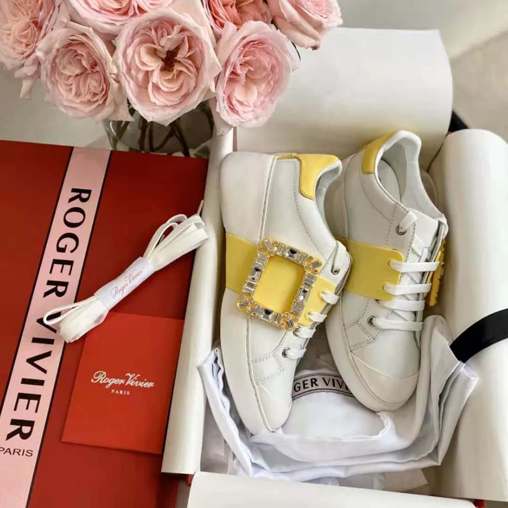 Roger Vivier Viv Skate Strass Buckle Sneakers in Soft Leather for Women in Yellow