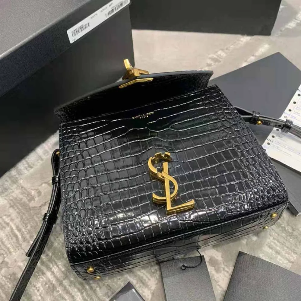 Saint Laurent YSL Cassandra Mini Top Handle Bag in Crocodile-Embossed Shiny Leather for Women in Black