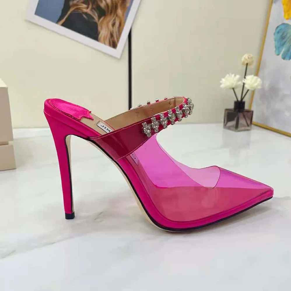 Jimmy Choo Bing 100 Hot Pink Neon Plexi Mules with Pink Crystal Strap for Women Jimmy Choo Bing 100 Hot Pink Neon Plexi Mules with Pink Crystal Strap for Women