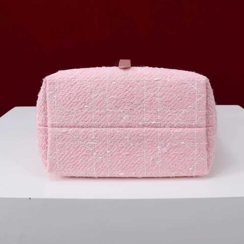 Dior Small Dior Toujours Vertical Tote Bag Pink Tweed with White Cannage Motif for Women
