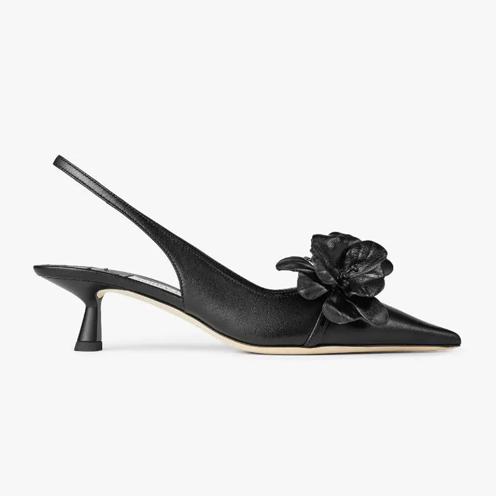Jimmy Choo Amita Flowers 45 Black Nappa Leather Sling Back Pumps with Flowers for Women
